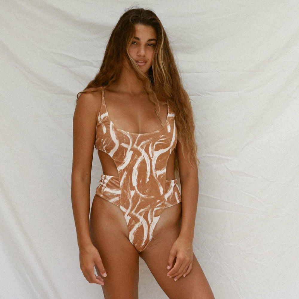 Stone Fox Swim Brown and Cream Printed Cutout One-Piece Swimsuit